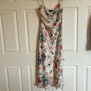 LULU’s Cowlneck strappy satin dress.